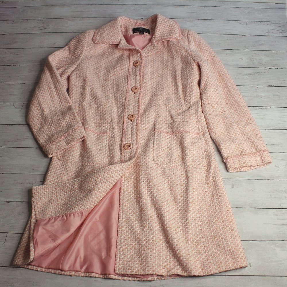 Gallery Vintage Women's Long Winter Coat Size S Pink White Woven Tweed